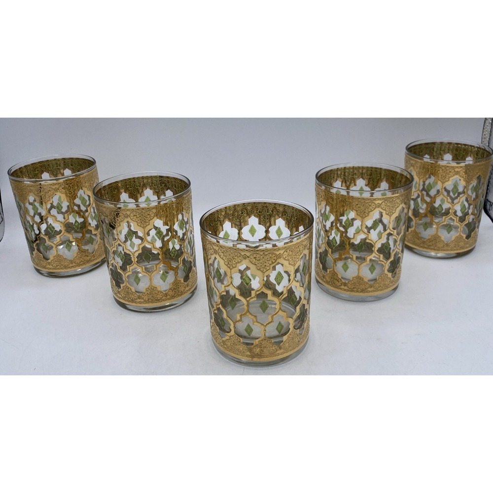 Set Of 5 MCM Culver Valencia 22K Gold Green Straight Lowball Glasses Bar Set